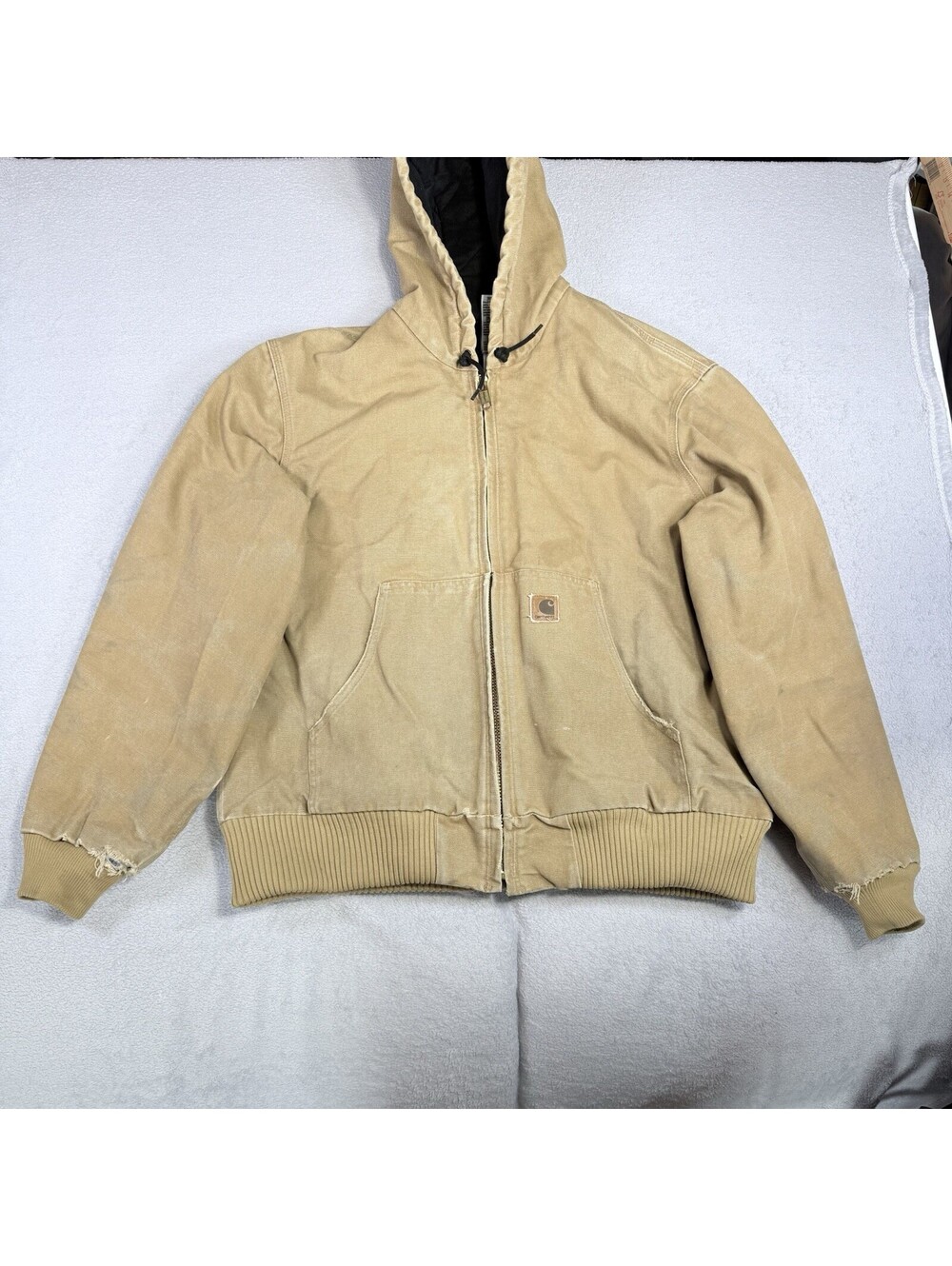 Carhartt J130 Active Jacket 2007 Distressed Tan Duck Canvas Hooded Workwear Sz L
